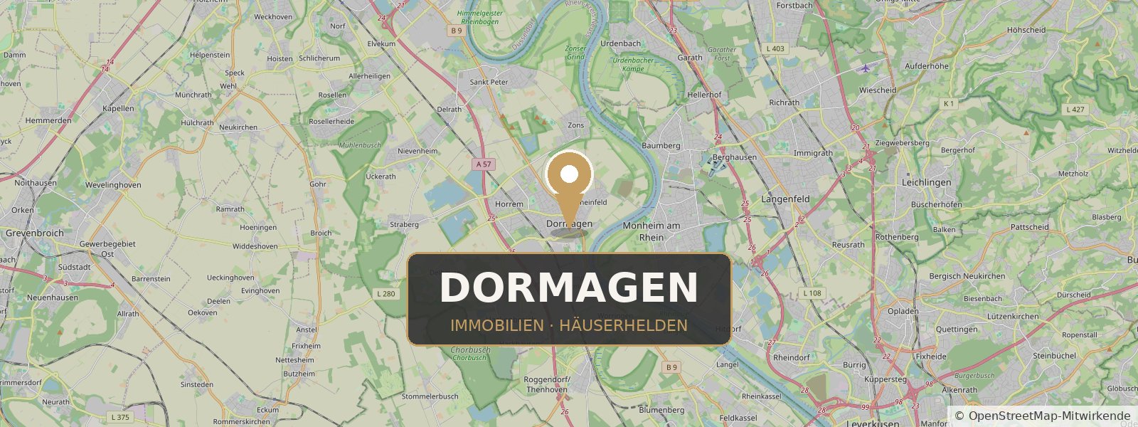 Landkarte von Dormagen mit Standort-Pin – Häuserhelden, Ihr Immobilienmakler in Dormagen und Umgebung (Kartendaten © OpenStreetMap-Mitwirkende)