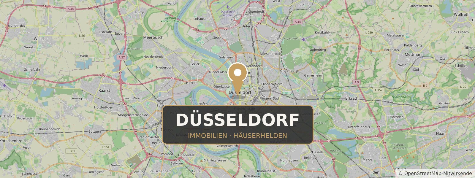 Landkarte von Düsseldorf mit Standort-Pin – Häuserhelden, Ihr Immobilienmakler in Düsseldorf und Umgebung (Kartendaten © OpenStreetMap-Mitwirkende)