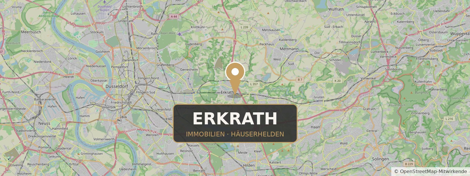 Landkarte von Erkrath mit Standort-Pin – Häuserhelden, Ihr Immobilienmakler in Erkrath und Umgebung (Kartendaten © OpenStreetMap-Mitwirkende)