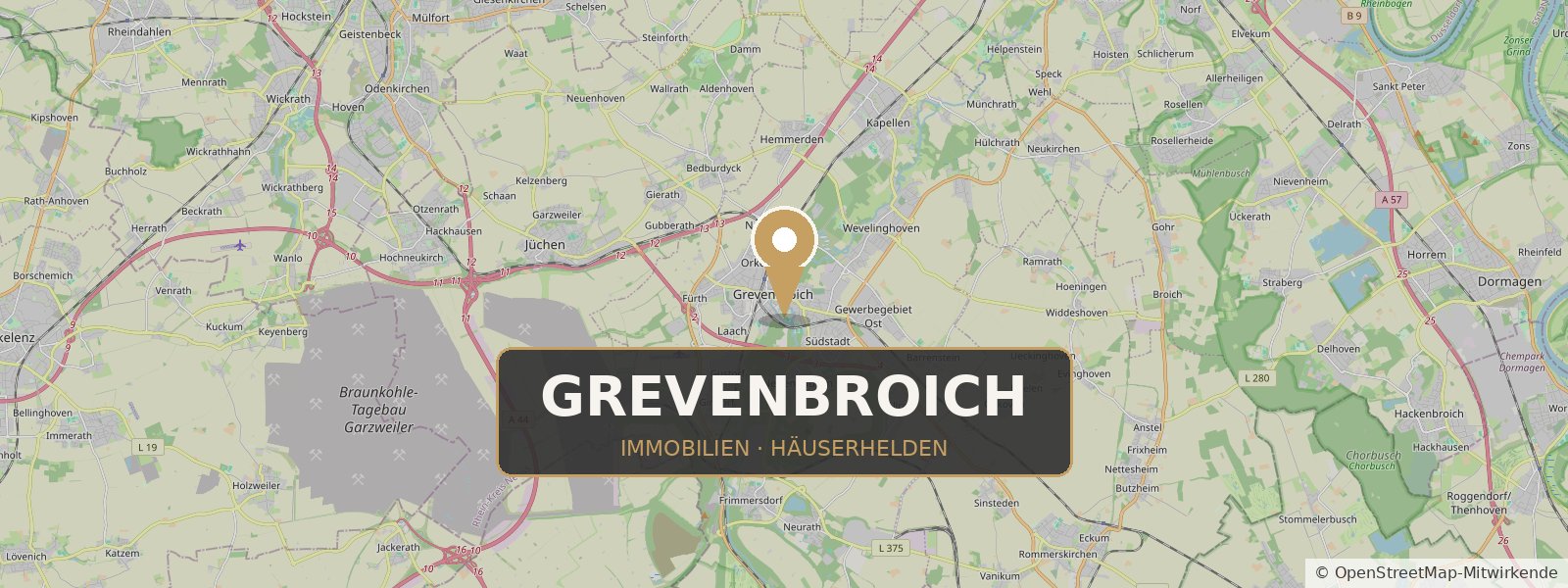 Landkarte von Grevenbroich mit Standort-Pin – Häuserhelden, Ihr Immobilienmakler in Grevenbroich und Umgebung (Kartendaten © OpenStreetMap-Mitwirkende)