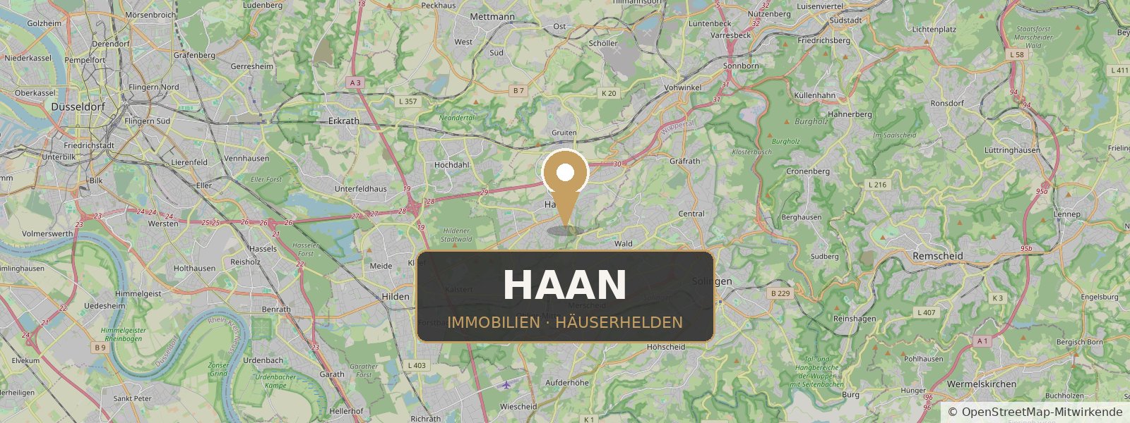 Landkarte von Haan mit Standort-Pin – Häuserhelden, Ihr Immobilienmakler in Haan und Umgebung (Kartendaten © OpenStreetMap-Mitwirkende)