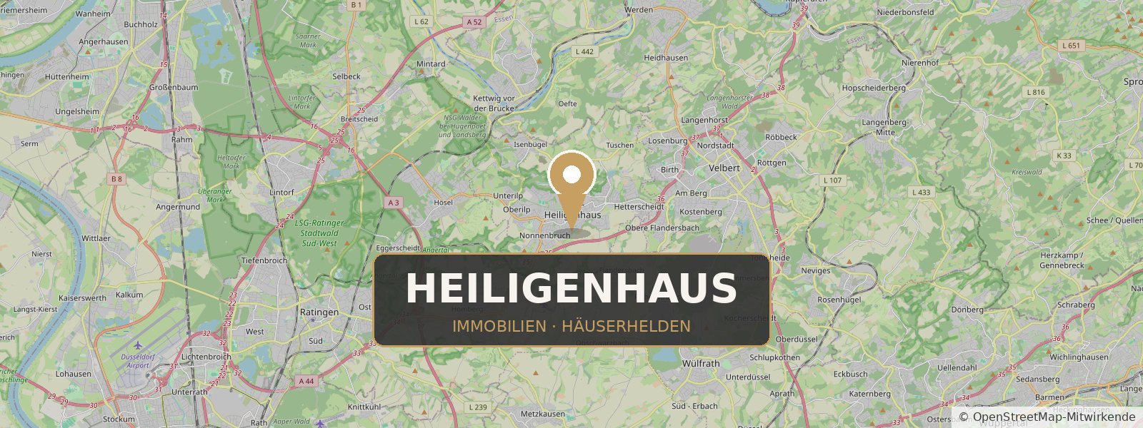Landkarte von Heiligenhaus mit Standort-Pin – Häuserhelden, Ihr Immobilienmakler in Heiligenhaus und Umgebung (Kartendaten © OpenStreetMap-Mitwirkende)