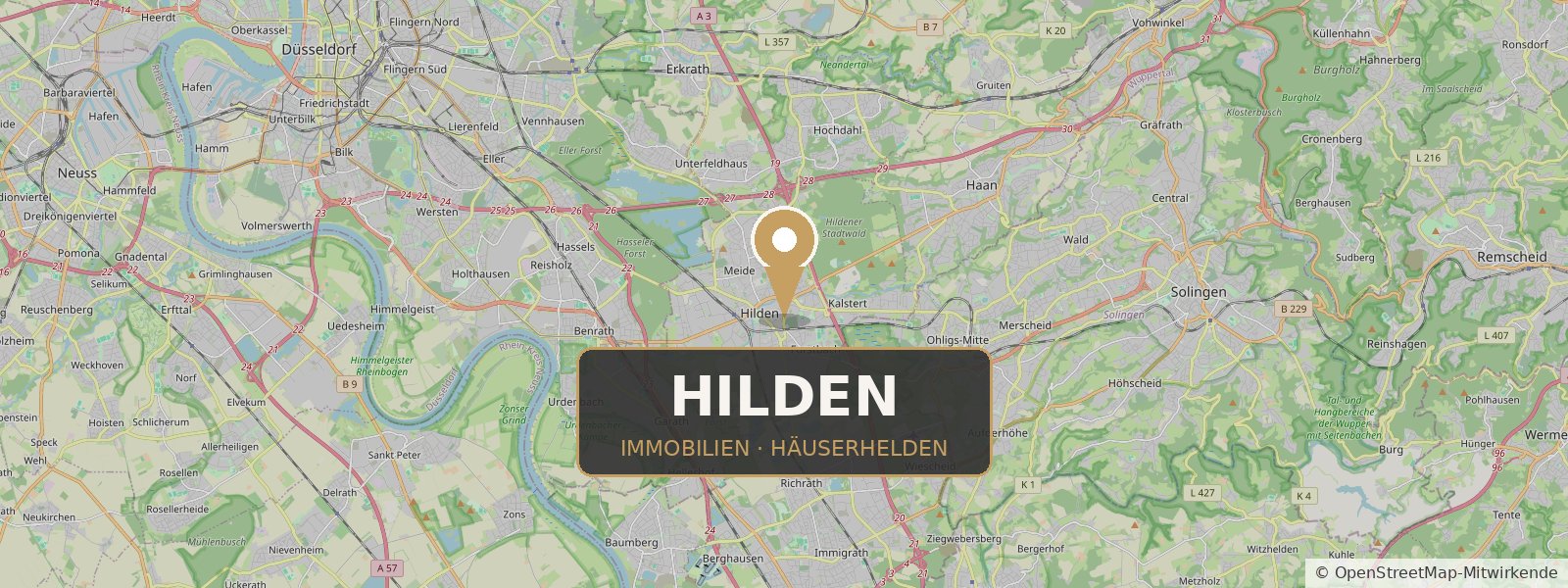 Landkarte von Hilden mit Standort-Pin – Häuserhelden, Ihr Immobilienmakler in Hilden und Umgebung (Kartendaten © OpenStreetMap-Mitwirkende)