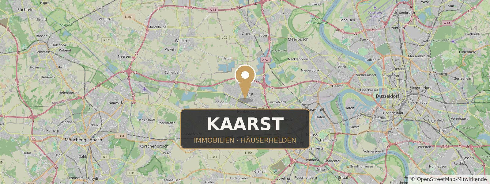 Landkarte von Kaarst mit Standort-Pin – Häuserhelden, Ihr Immobilienmakler in Kaarst und Umgebung (Kartendaten © OpenStreetMap-Mitwirkende)