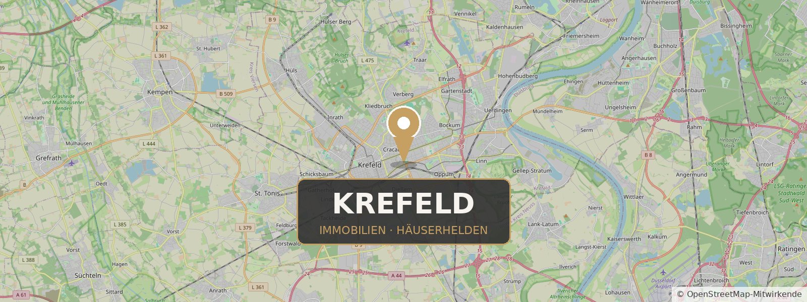 Landkarte von Krefeld mit Standort-Pin – Häuserhelden, Ihr Immobilienmakler in Krefeld und Umgebung (Kartendaten © OpenStreetMap-Mitwirkende)