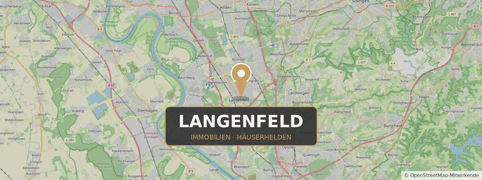 Landkarte von Langenfeld mit Standort-Pin – Häuserhelden, Ihr Immobilienmakler in Langenfeld und Umgebung (Kartendaten © OpenStreetMap-Mitwirkende)