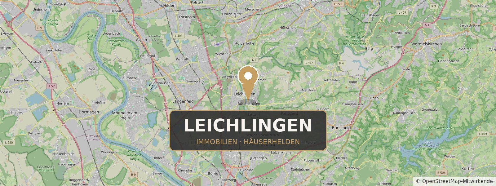 Landkarte von Leichlingen mit Standort-Pin – Häuserhelden, Ihr Immobilienmakler in Leichlingen und Umgebung (Kartendaten © OpenStreetMap-Mitwirkende)