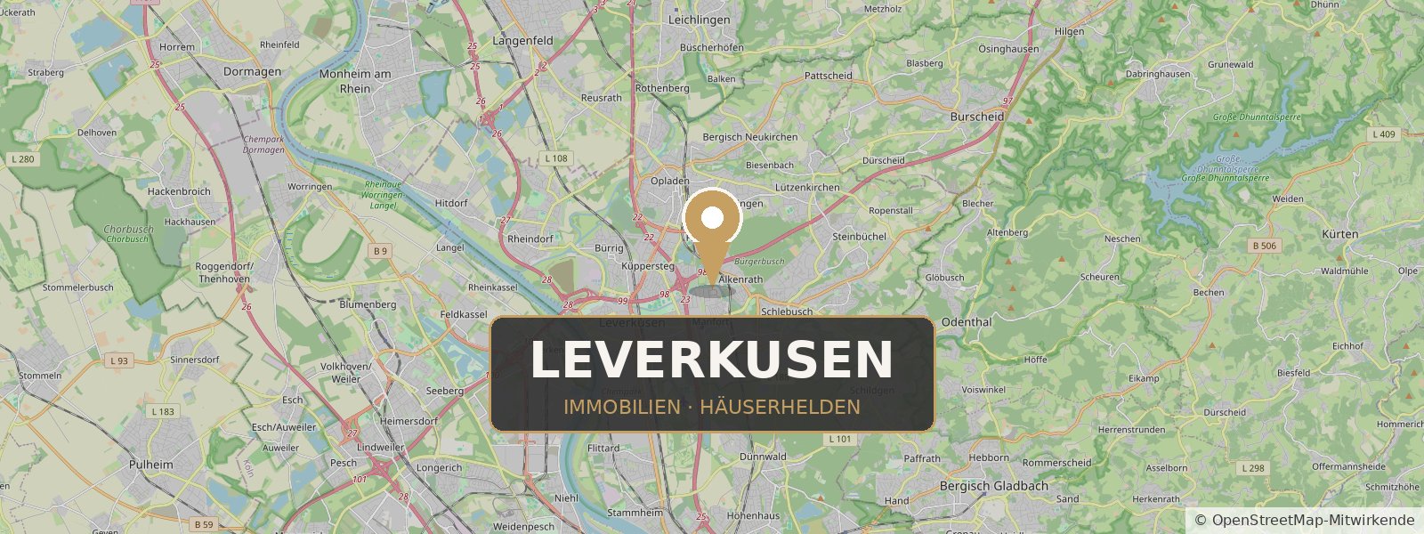 Landkarte von Leverkusen mit Standort-Pin – Häuserhelden, Ihr Immobilienmakler in Leverkusen und Umgebung (Kartendaten © OpenStreetMap-Mitwirkende)