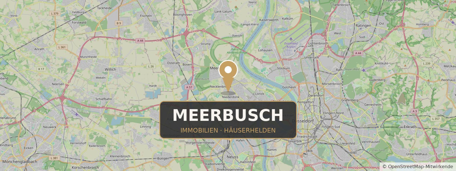 Landkarte von Meerbusch mit Standort-Pin – Häuserhelden, Ihr Immobilienmakler in Meerbusch und Umgebung (Kartendaten © OpenStreetMap-Mitwirkende)