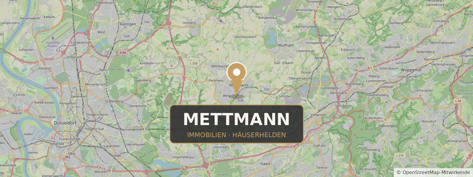 Landkarte von Mettmann mit Standort-Pin – Häuserhelden, Ihr Immobilienmakler in Mettmann und Umgebung (Kartendaten © OpenStreetMap-Mitwirkende)