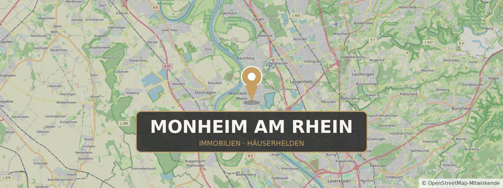 Landkarte von Monheim am Rhein mit Standort-Pin – Häuserhelden, Ihr Immobilienmakler in Monheim am Rhein und Umgebung (Kartendaten © OpenStreetMap-Mitwirkende)