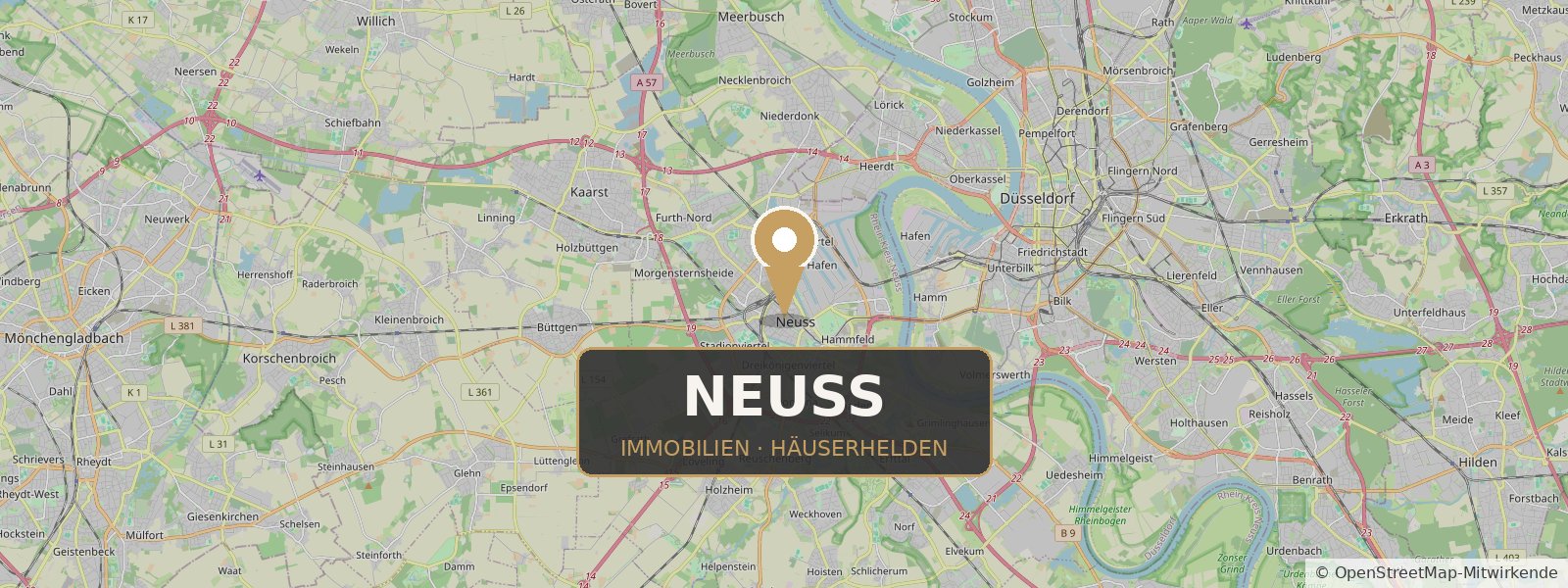 Landkarte von Neuss mit Standort-Pin – Häuserhelden, Ihr Immobilienmakler in Neuss und Umgebung (Kartendaten © OpenStreetMap-Mitwirkende)