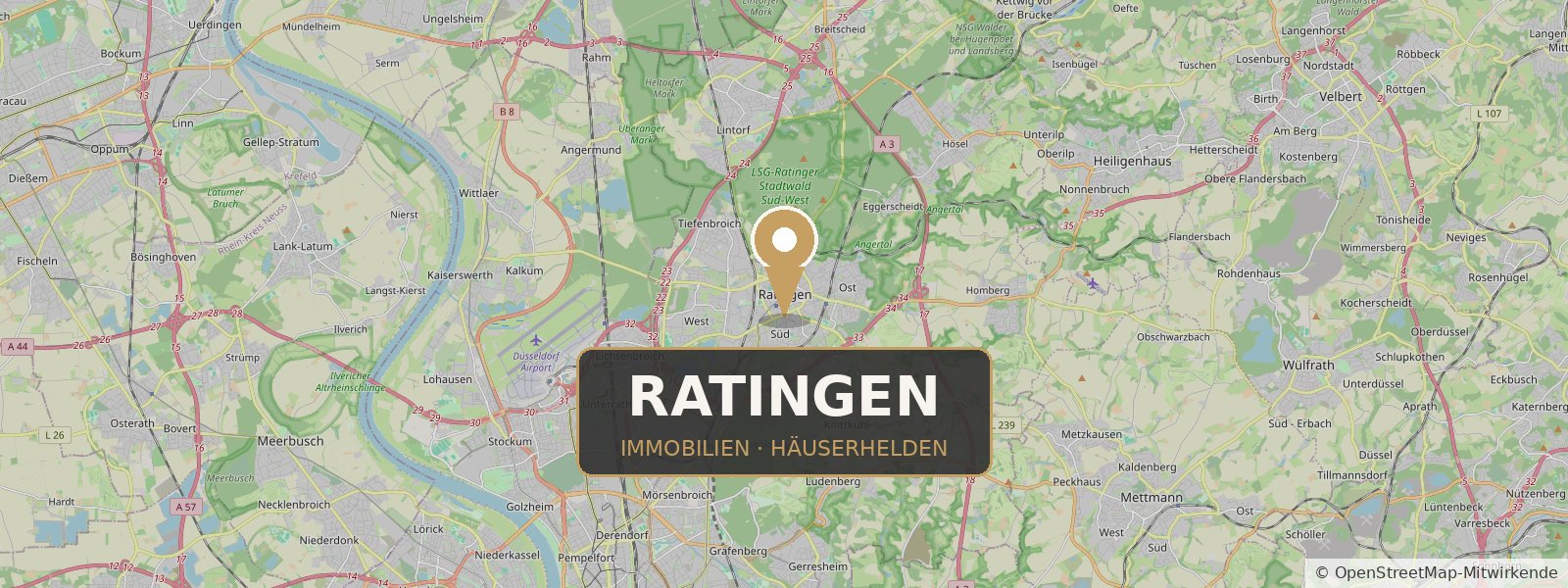 Landkarte von Ratingen mit Standort-Pin – Häuserhelden, Ihr Immobilienmakler in Ratingen und Umgebung (Kartendaten © OpenStreetMap-Mitwirkende)