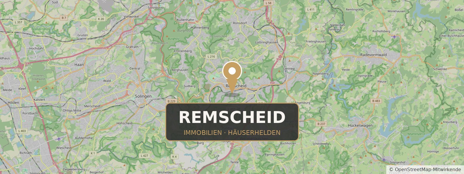 Landkarte von Remscheid mit Standort-Pin – Häuserhelden, Ihr Immobilienmakler in Remscheid und Umgebung (Kartendaten © OpenStreetMap-Mitwirkende)