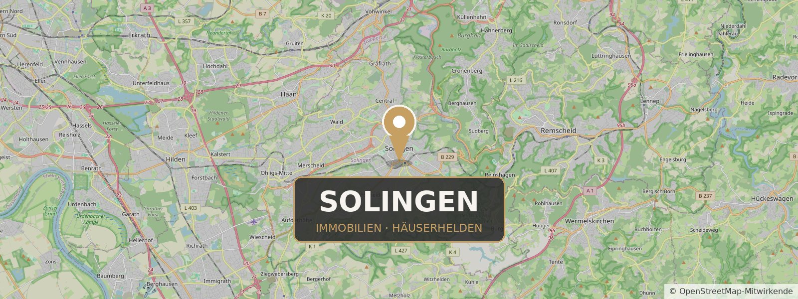 Landkarte von Solingen mit Standort-Pin – Häuserhelden, Ihr Immobilienmakler in Solingen und Umgebung (Kartendaten © OpenStreetMap-Mitwirkende)