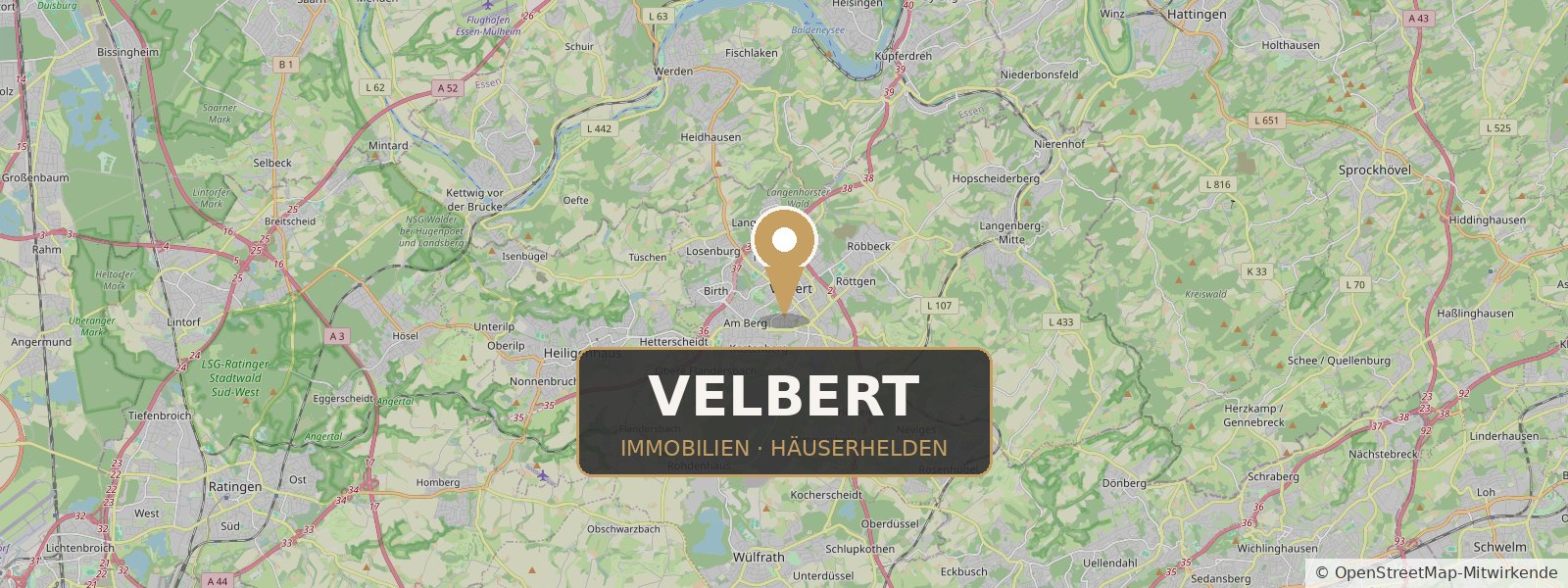 Landkarte von Velbert mit Standort-Pin – Häuserhelden, Ihr Immobilienmakler in Velbert und Umgebung (Kartendaten © OpenStreetMap-Mitwirkende)