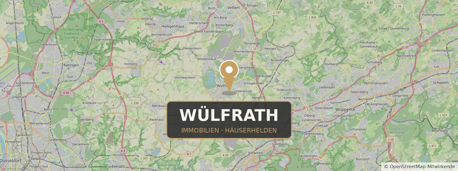 Landkarte von Wülfrath mit Standort-Pin – Häuserhelden, Ihr Immobilienmakler in Wülfrath und Umgebung (Kartendaten © OpenStreetMap-Mitwirkende)