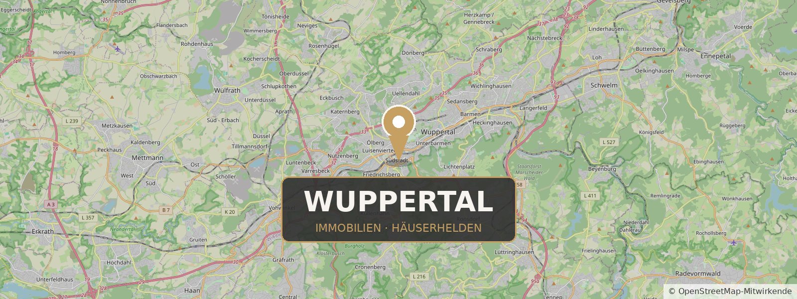 Landkarte von Wuppertal mit Standort-Pin – Häuserhelden, Ihr Immobilienmakler in Wuppertal und Umgebung (Kartendaten © OpenStreetMap-Mitwirkende)