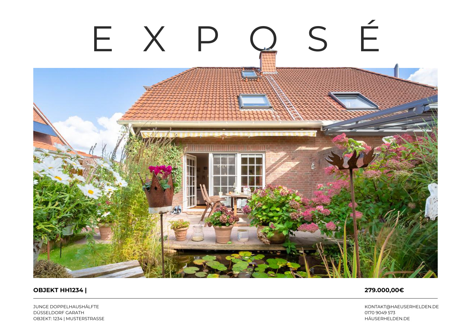Häuserhelden Exposé Seite 1: Titel und Objektfoto einer Doppelhaushälfte in Düsseldorf-Garath